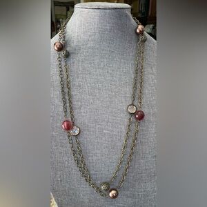 Extra Long Antique Bronze Necklace with Rose and Burgundy Beads